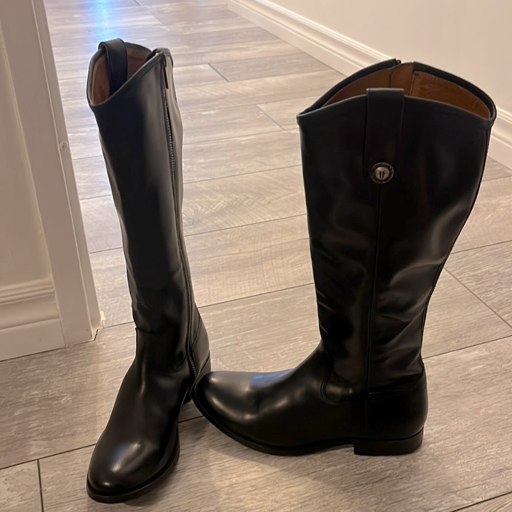 Frye Black Leather Knee-High Heeled Boots